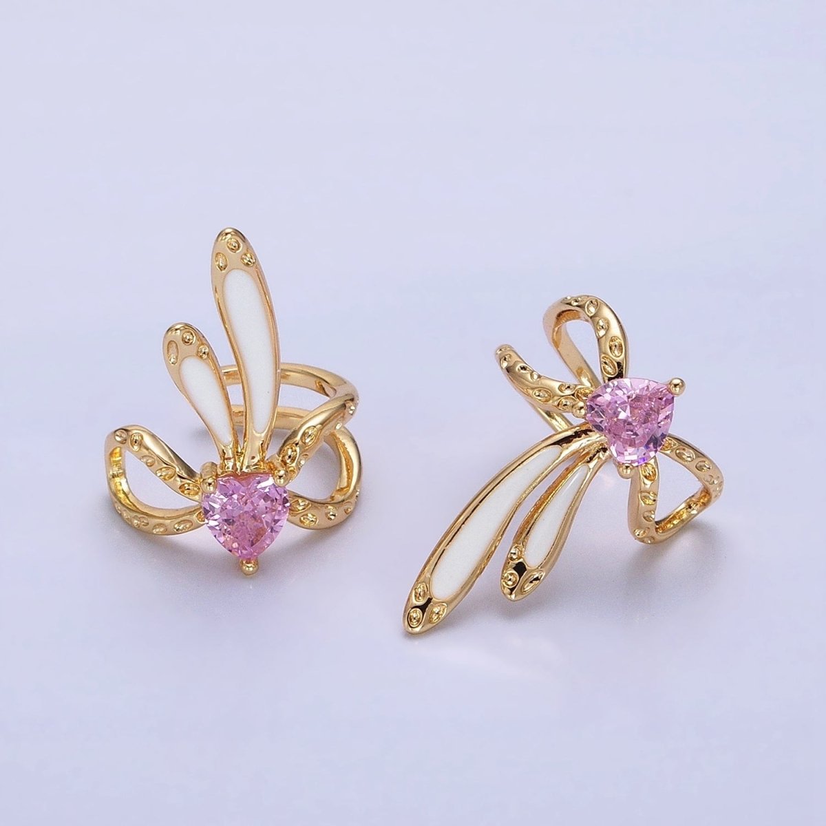 16K Gold Filled Pink CZ Heart White Bunny Ears Hammered Double Band Ear Cuff Earrings in Silver & Gold | AI013 AI014 - DLUXCA