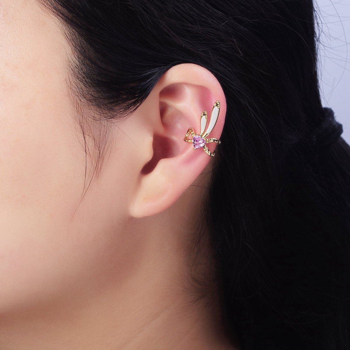 16K Gold Filled Pink CZ Heart White Bunny Ears Hammered Double Band Ear Cuff Earrings in Silver & Gold | AI013 AI014 - DLUXCA