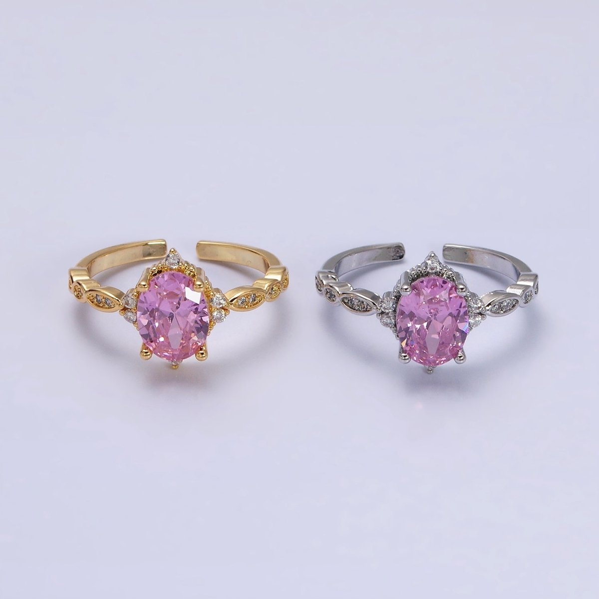 16K Gold Filled Pink CZ Oval Micro Paved Adjustable Ring in Gold & Silver | O-1605 O-1606 - DLUXCA