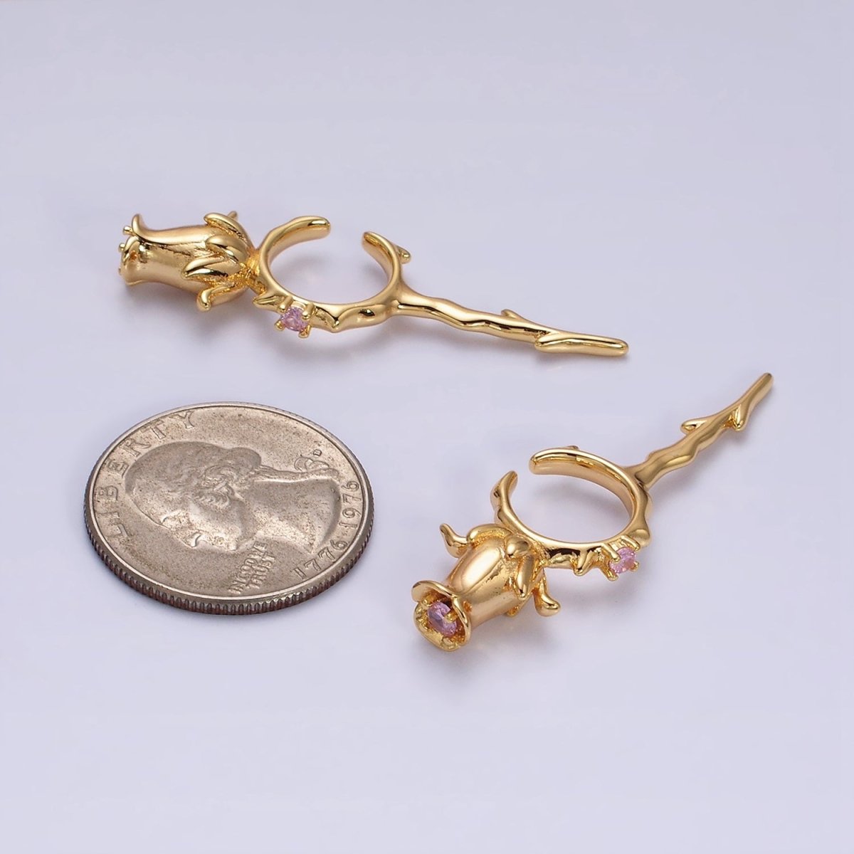 16K Gold Filled Pink CZ Rose Flower Molten Drip Linear Ear Cuff Earrings in Gold & Silver | AI015 AI016 - DLUXCA