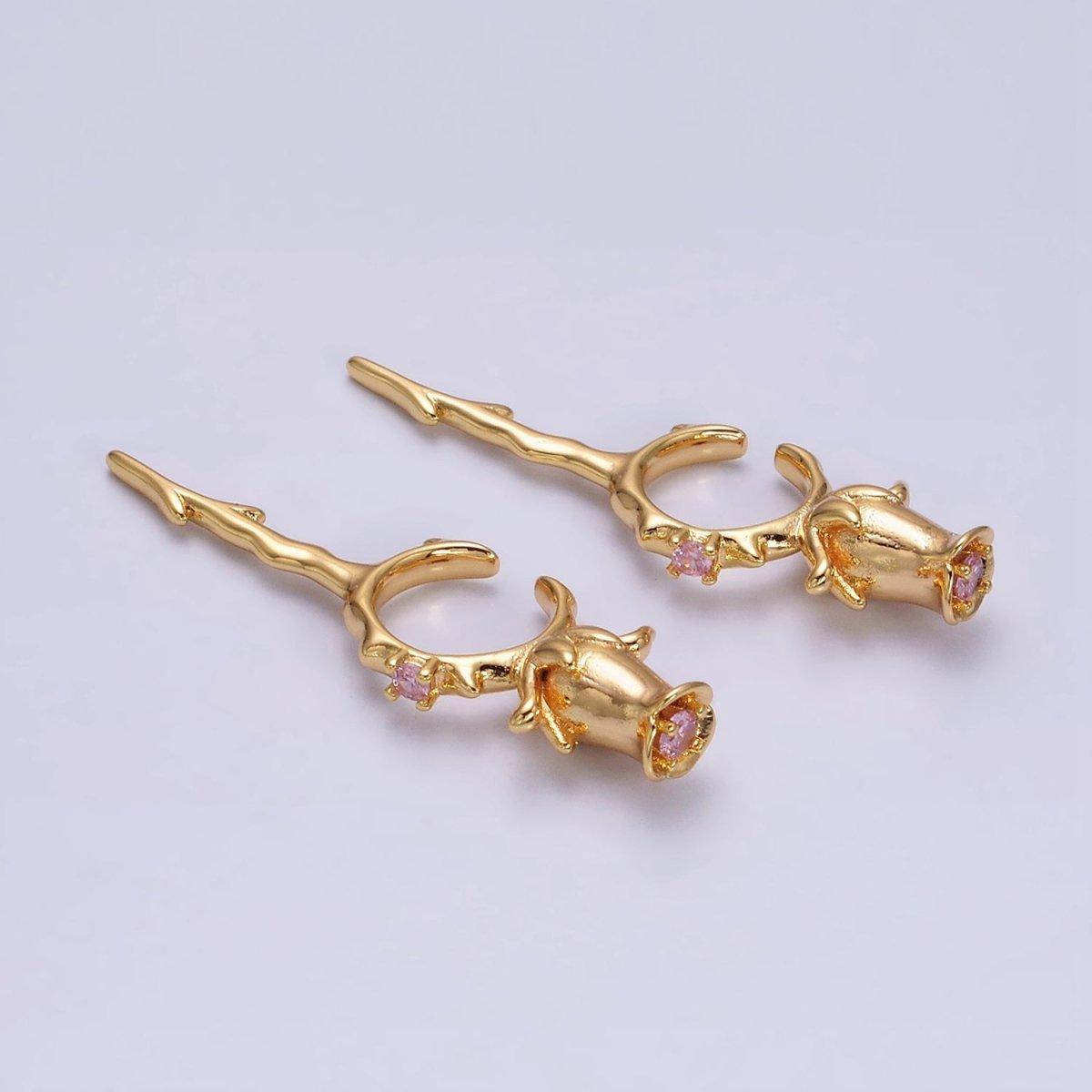 16K Gold Filled Pink CZ Rose Flower Molten Drip Linear Ear Cuff Earrings in Gold & Silver | AI015 AI016 - DLUXCA