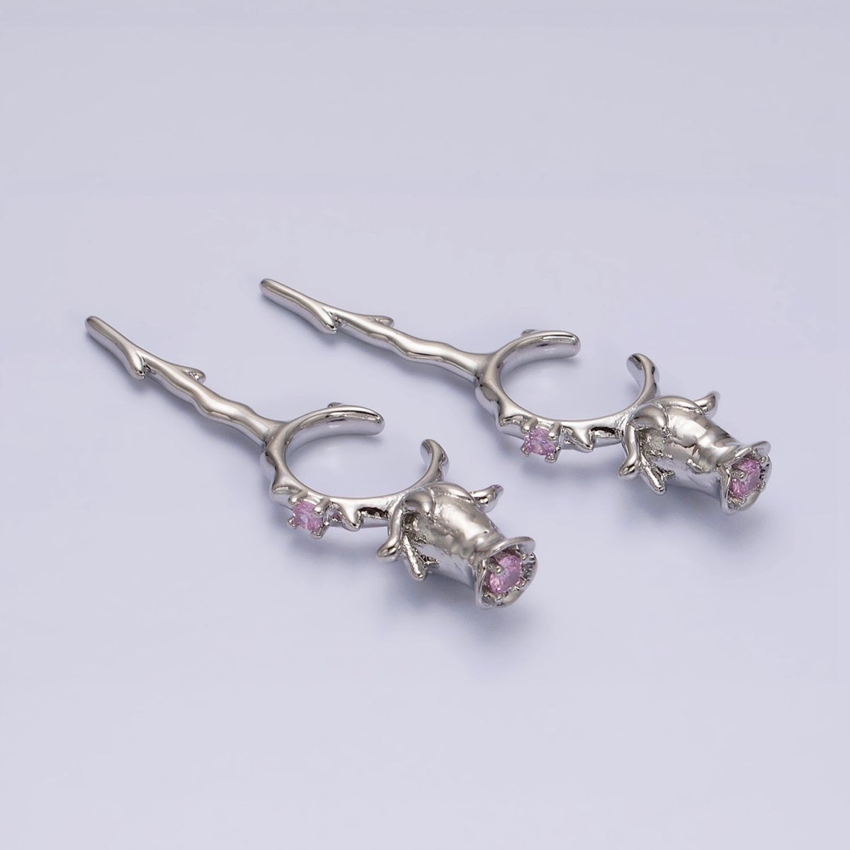 16K Gold Filled Pink CZ Rose Flower Molten Drip Linear Ear Cuff Earrings in Gold & Silver | AI015 AI016 - DLUXCA