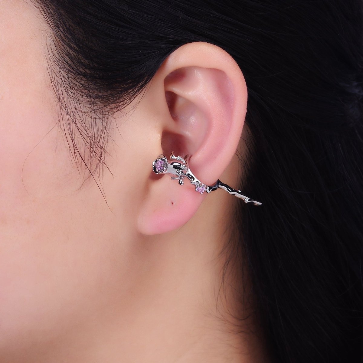 16K Gold Filled Pink CZ Rose Flower Molten Drip Linear Ear Cuff Earrings in Gold & Silver | AI015 AI016 - DLUXCA