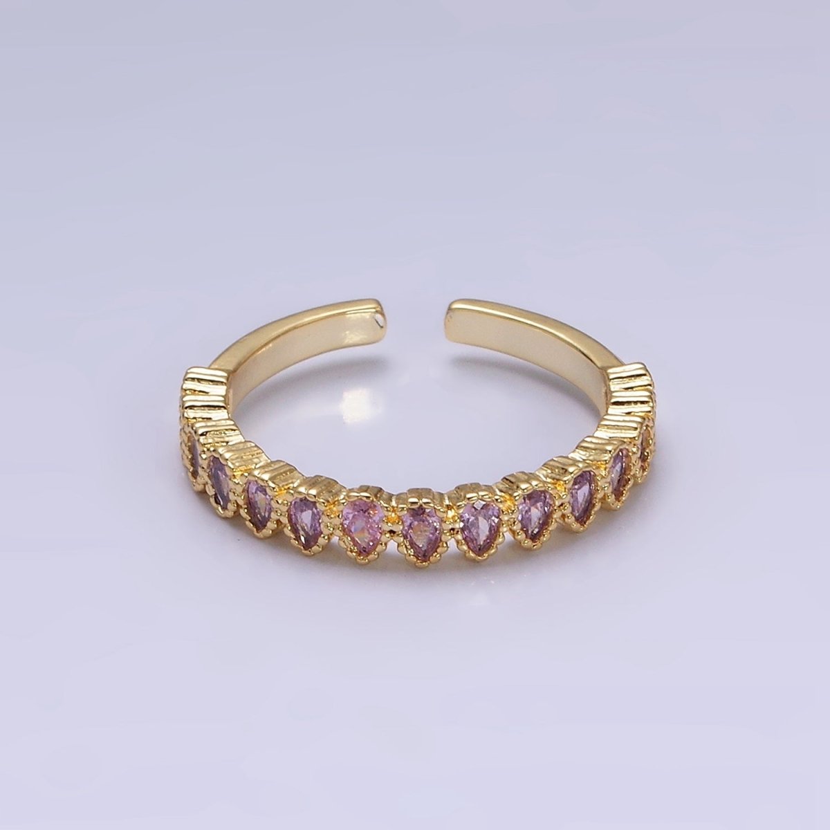 16K Gold Filled Pink CZ Teardrop Lined Open Adjustable Ring in Gold & Silver | O-1603 O-1604 - DLUXCA