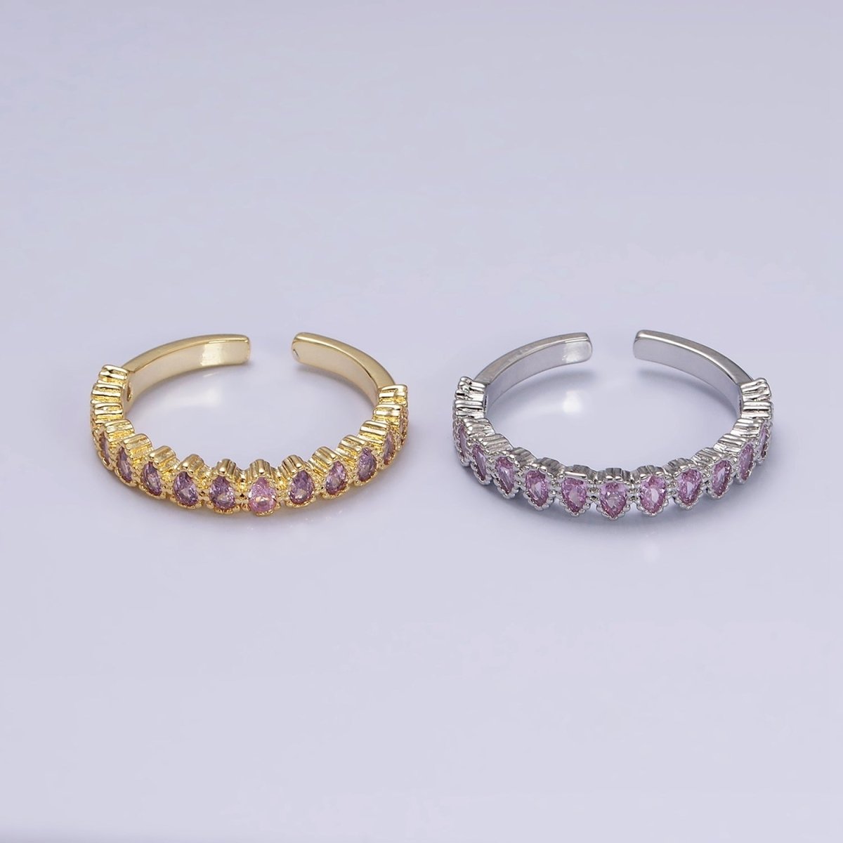 16K Gold Filled Pink CZ Teardrop Lined Open Adjustable Ring in Gold & Silver | O-1603 O-1604 - DLUXCA