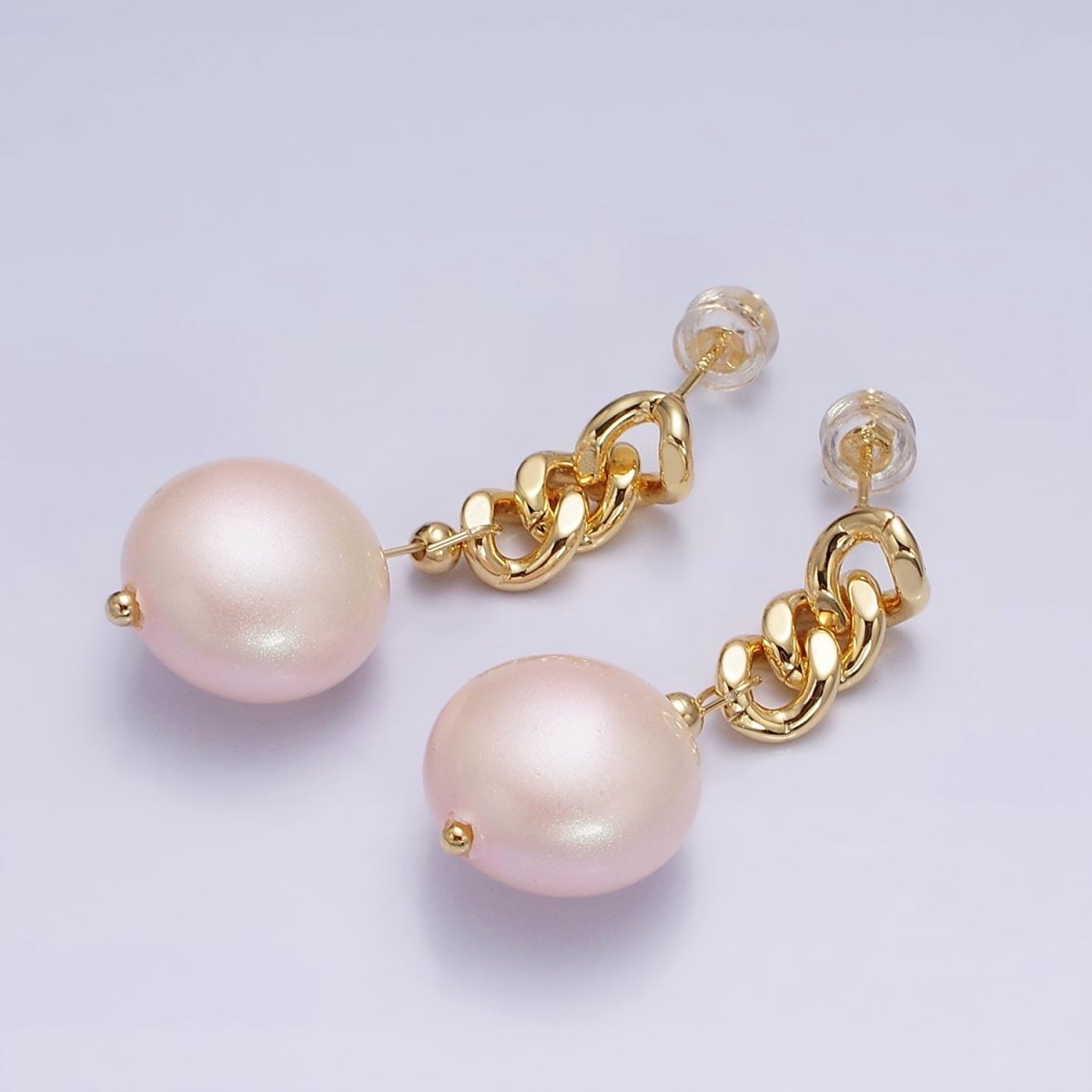 16K Gold Filled Pink Round Pearl Curb Chain Link Drop Stud Earrings in Gold & Silver | AD1356 AD1368 - DLUXCA