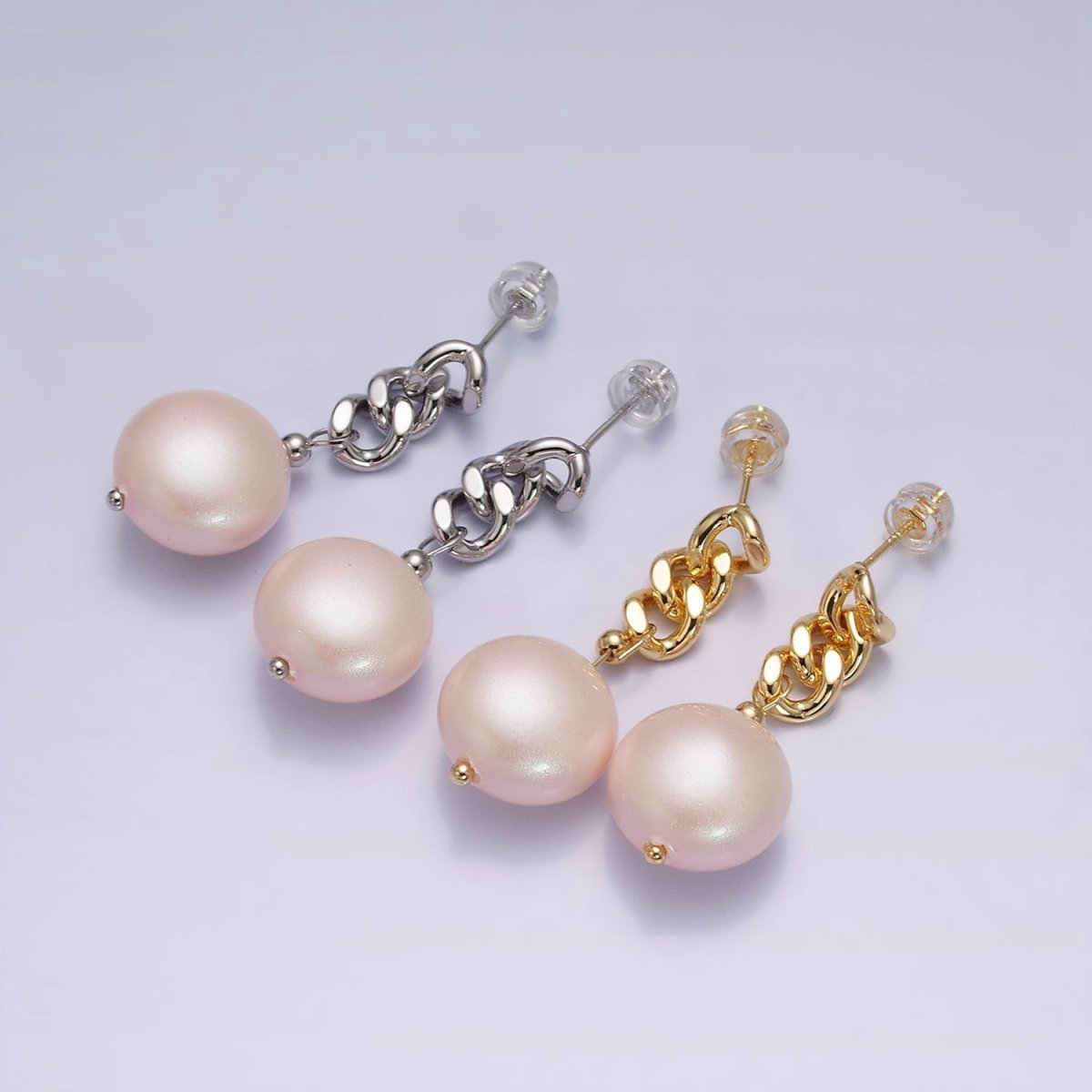 16K Gold Filled Pink Round Pearl Curb Chain Link Drop Stud Earrings in Gold & Silver | AD1356 AD1368 - DLUXCA