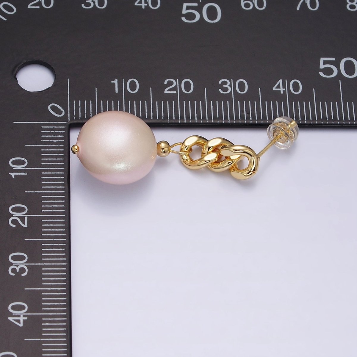 16K Gold Filled Pink Round Pearl Curb Chain Link Drop Stud Earrings in Gold & Silver | AD1356 AD1368 - DLUXCA