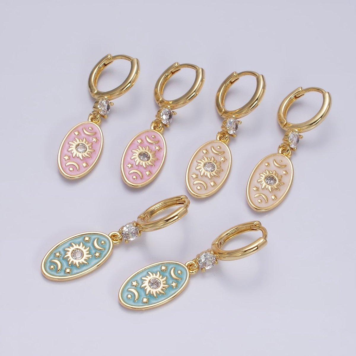 16K Gold Filled Pink, White, Blue Sparkly Enamel Celestial Sun Star Crescent Moon Oval CZ Drop Huggie Earrings | Y-867 ~ Y-869 - DLUXCA