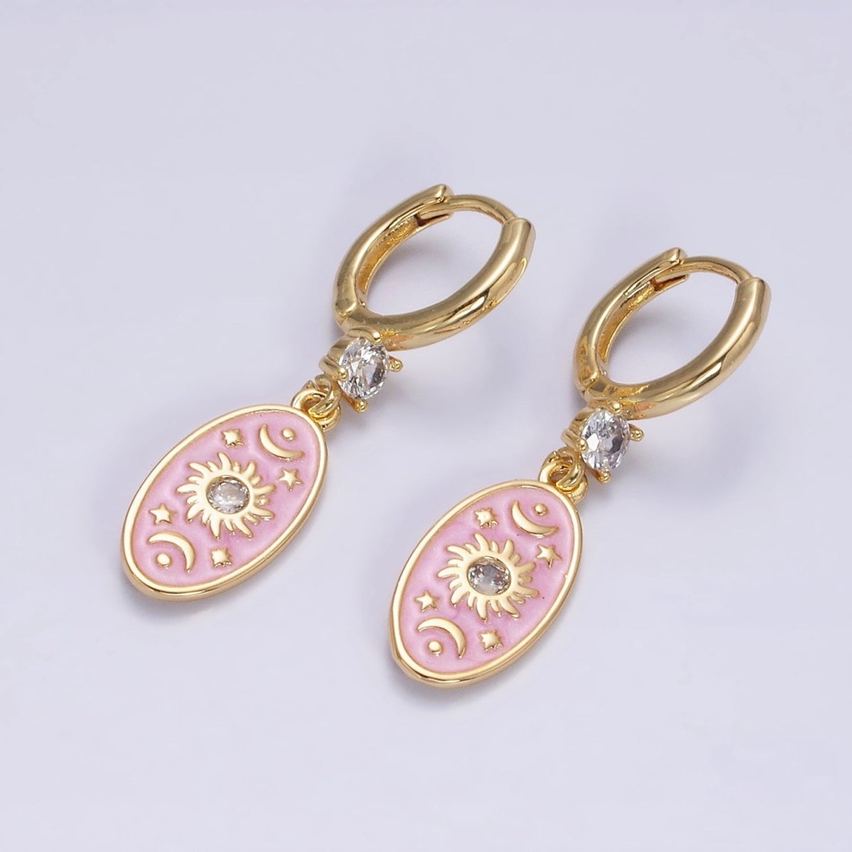 16K Gold Filled Pink, White, Blue Sparkly Enamel Celestial Sun Star Crescent Moon Oval CZ Drop Huggie Earrings | Y-867 ~ Y-869 - DLUXCA