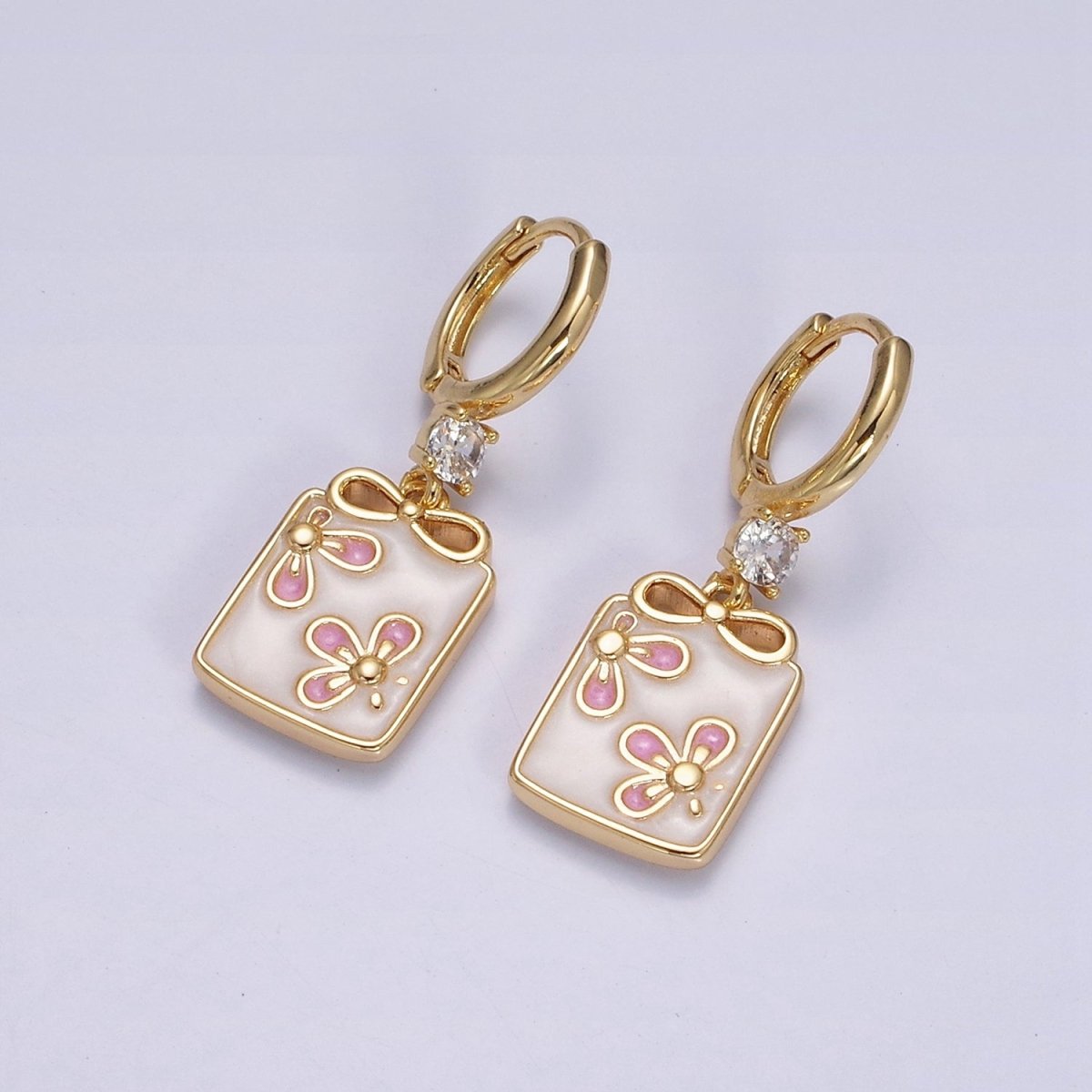 16K Gold Filled Pink, White, Blue Sparkly Enamel Ribbon Bow Rectangular CZ Drop Huggie Earrings | Y-855 ~ Y-857 - DLUXCA