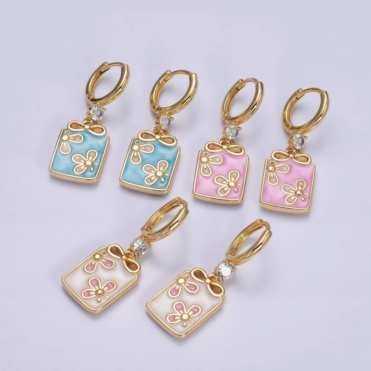 16K Gold Filled Pink, White, Blue Sparkly Enamel Ribbon Bow Rectangular CZ Drop Huggie Earrings | Y-855 ~ Y-857 - DLUXCA