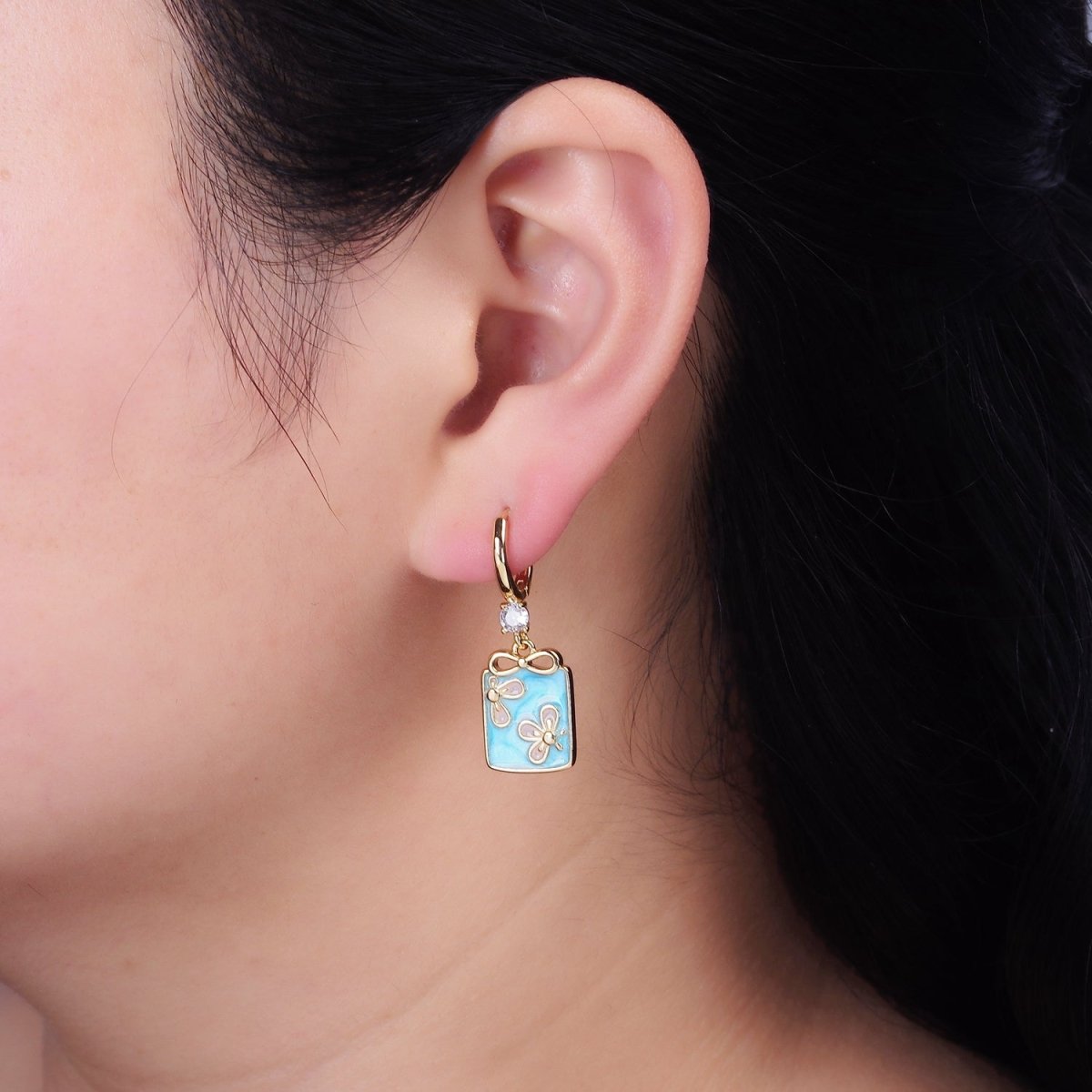 16K Gold Filled Pink, White, Blue Sparkly Enamel Ribbon Bow Rectangular CZ Drop Huggie Earrings | Y-855 ~ Y-857 - DLUXCA