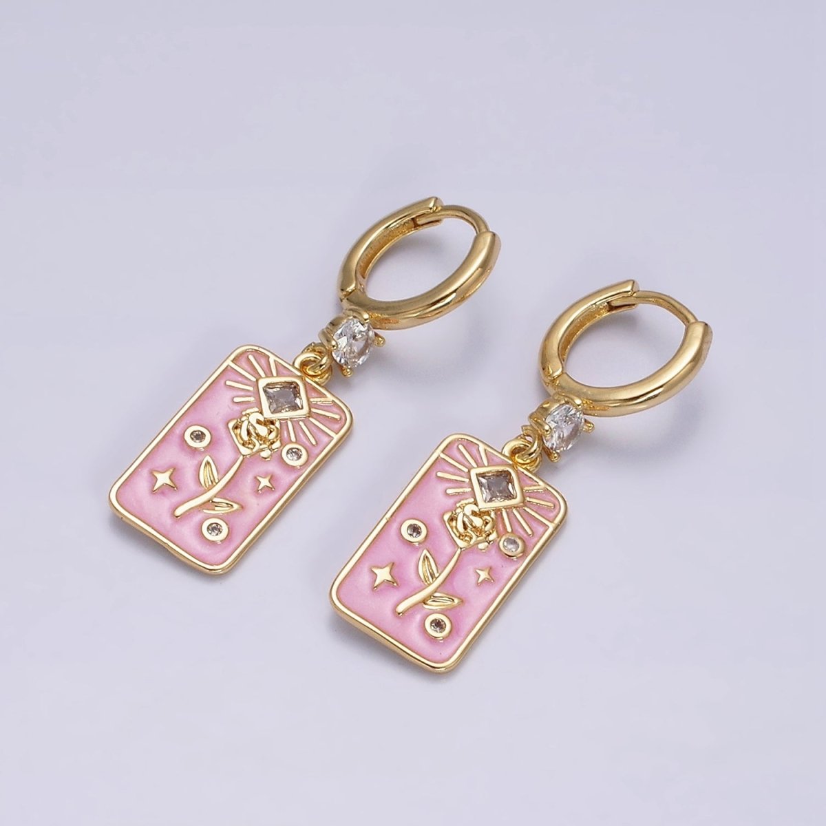 16K Gold Filled Pink, White, Blue Sparkly Enamel Rose Flower Clear Rhombus Tag CZ Drop Huggie Earrings | Y-858 ~ Y-860 - DLUXCA