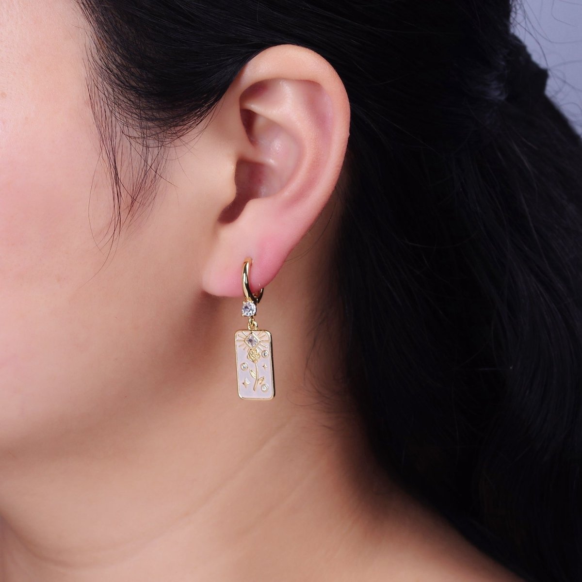 16K Gold Filled Pink, White, Blue Sparkly Enamel Rose Flower Clear Rhombus Tag CZ Drop Huggie Earrings | Y-858 ~ Y-860 - DLUXCA