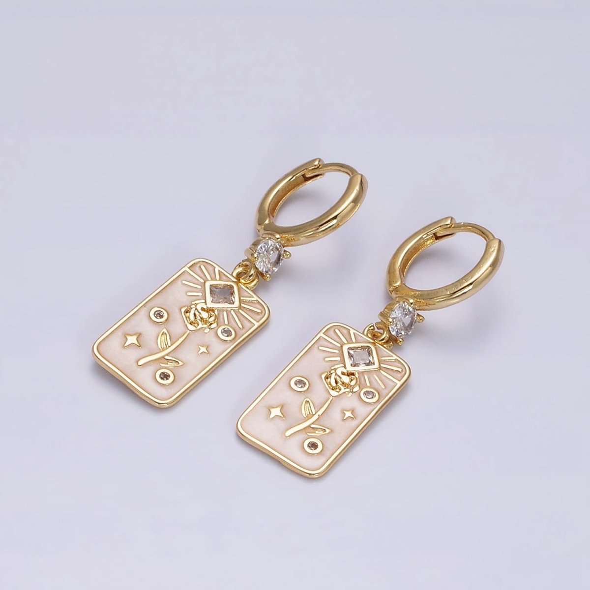 16K Gold Filled Pink, White, Blue Sparkly Enamel Rose Flower Clear Rhombus Tag CZ Drop Huggie Earrings | Y-858 ~ Y-860 - DLUXCA