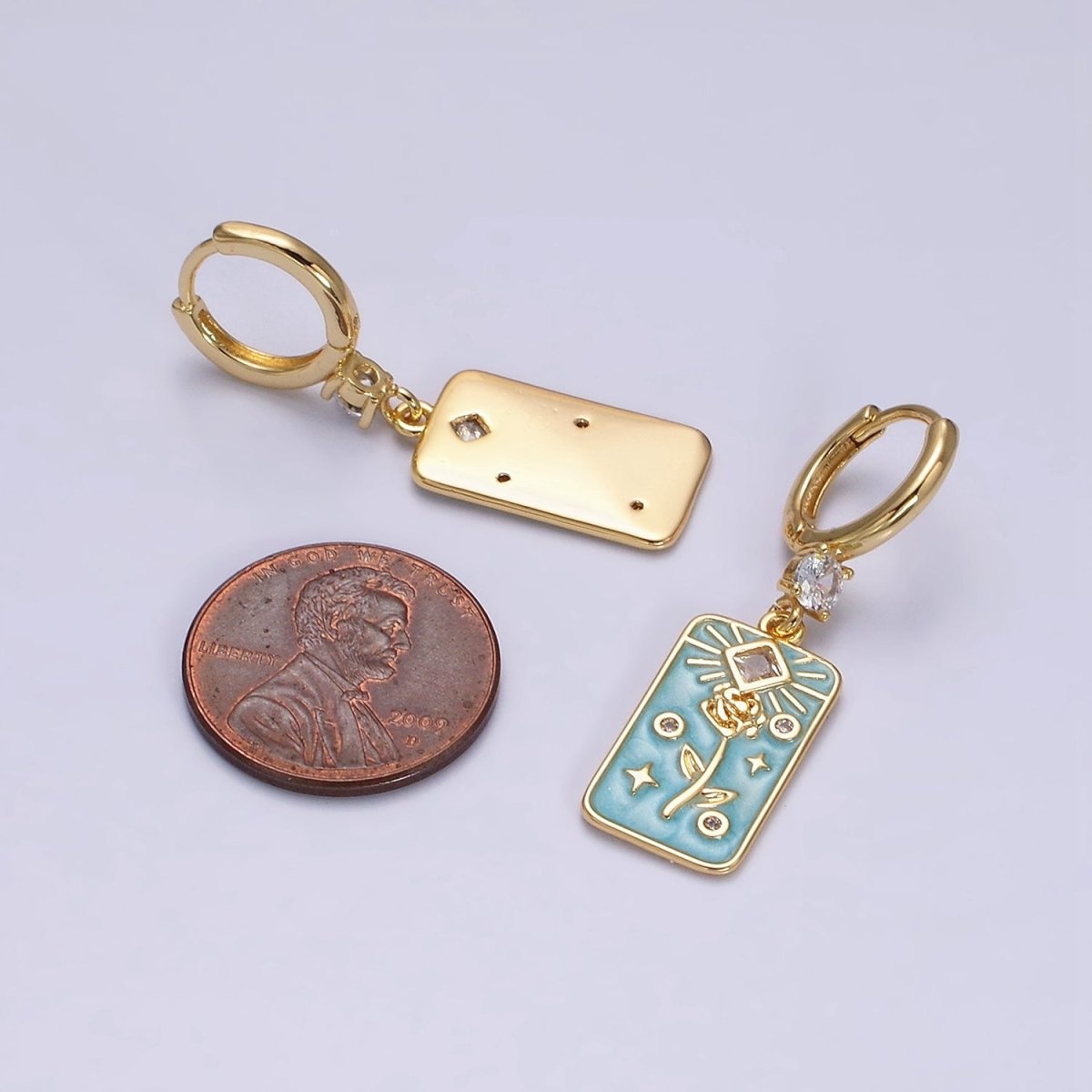 16K Gold Filled Pink, White, Blue Sparkly Enamel Rose Flower Clear Rhombus Tag CZ Drop Huggie Earrings | Y-858 ~ Y-860 - DLUXCA