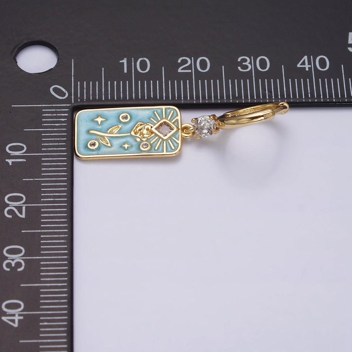 16K Gold Filled Pink, White, Blue Sparkly Enamel Rose Flower Clear Rhombus Tag CZ Drop Huggie Earrings | Y-858 ~ Y-860 - DLUXCA
