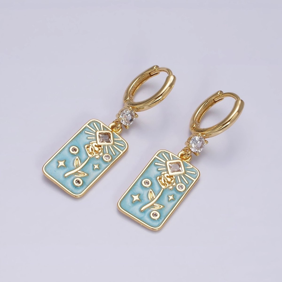 16K Gold Filled Pink, White, Blue Sparkly Enamel Rose Flower Clear Rhombus Tag CZ Drop Huggie Earrings | Y-858 ~ Y-860 - DLUXCA