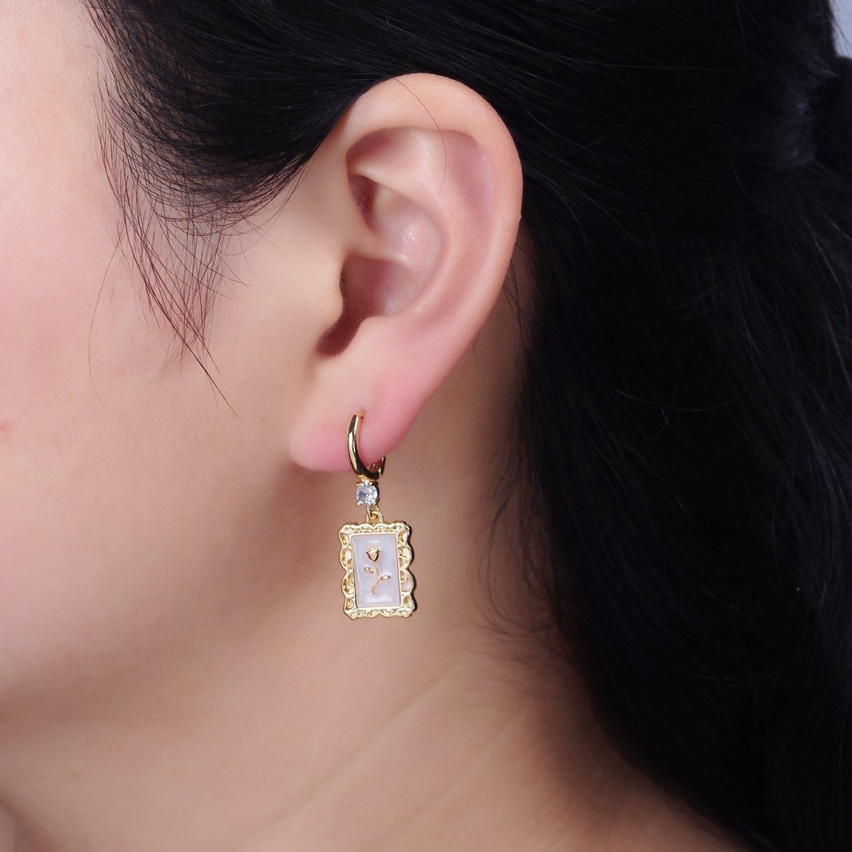 16K Gold Filled Pink, White, Blue Sparkly Enamel Rose Flower Rectangular CZ Drop Huggie Earrings | Y-861 ~ Y-863 - DLUXCA