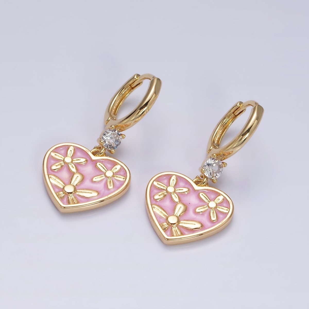 16K Gold Filled Pink, White, Blue Sparkly Enamel Triple Flower CZ Drop Huggie Earrings | Y-864 ~ Y-866 - DLUXCA