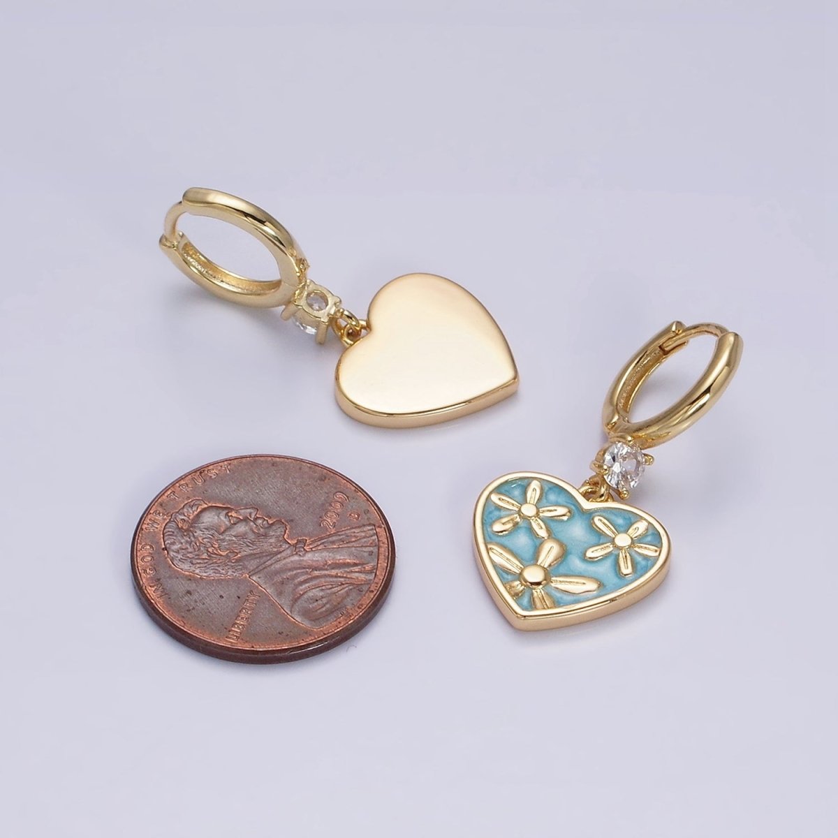 16K Gold Filled Pink, White, Blue Sparkly Enamel Triple Flower CZ Drop Huggie Earrings | Y-864 ~ Y-866 - DLUXCA