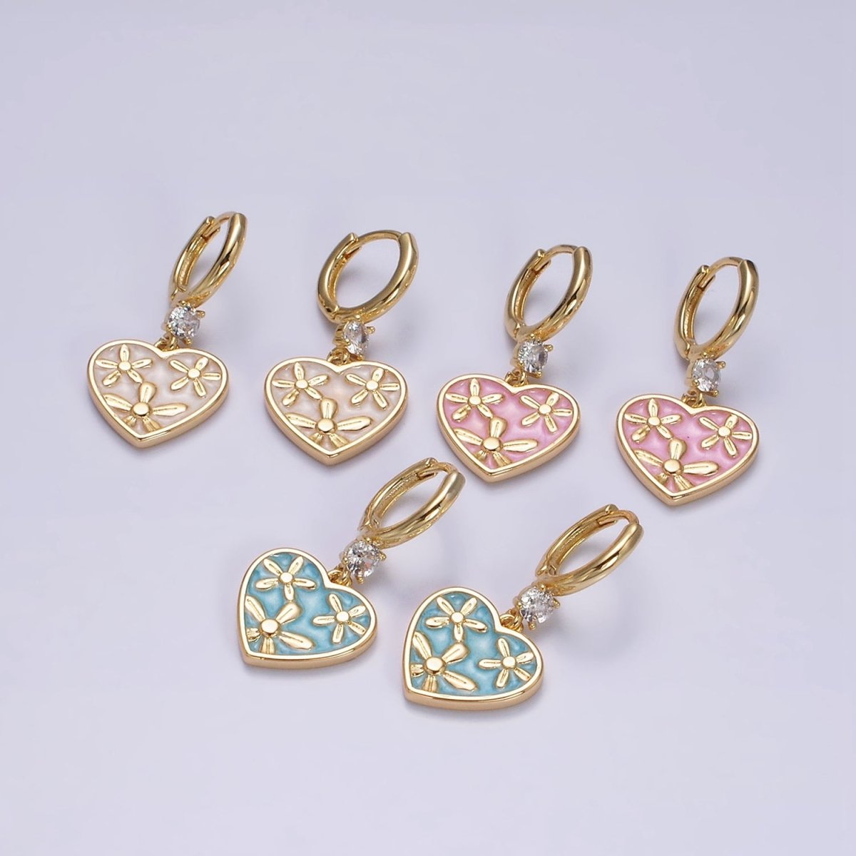 16K Gold Filled Pink, White, Blue Sparkly Enamel Triple Flower CZ Drop Huggie Earrings | Y-864 ~ Y-866 - DLUXCA