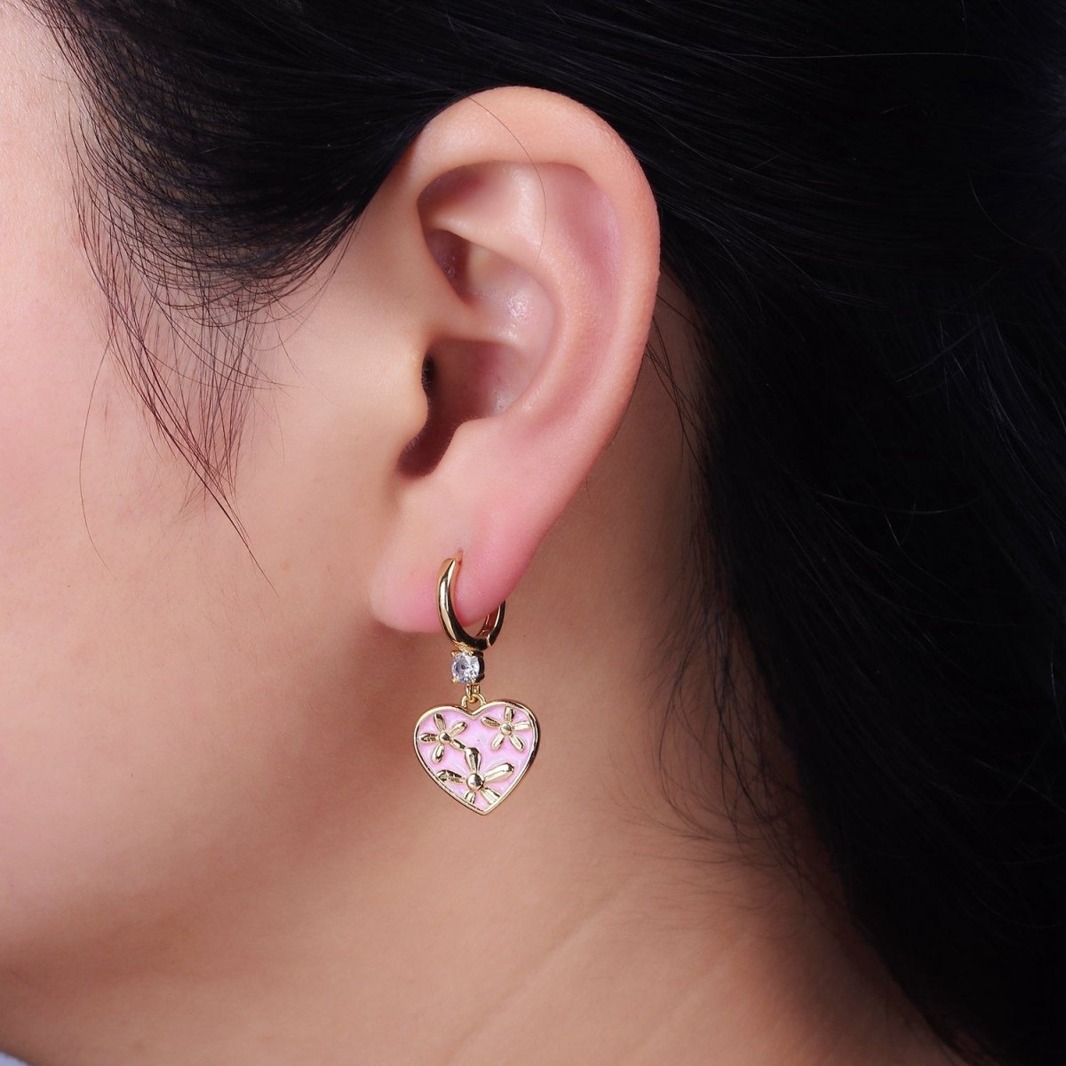 16K Gold Filled Pink, White, Blue Sparkly Enamel Triple Flower CZ Drop Huggie Earrings | Y-864 ~ Y-866 - DLUXCA