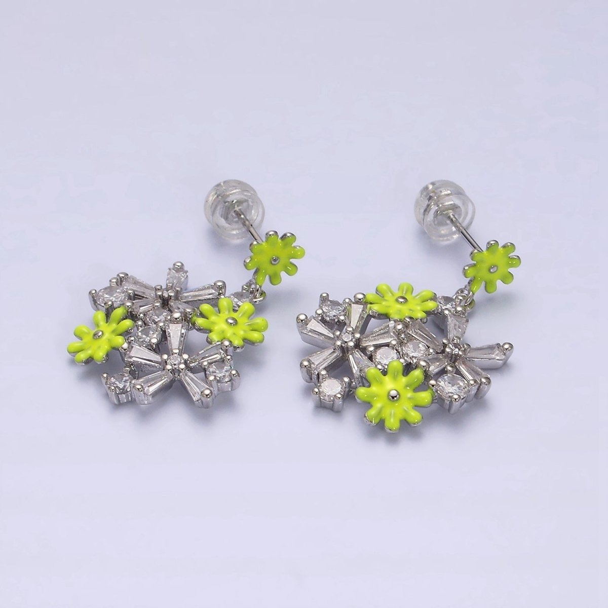 16K Gold Filled Pink, White Enamel Flower Baguette Drop Stud Earrings in Gold & Sliver | AE834 - AE839 - DLUXCA