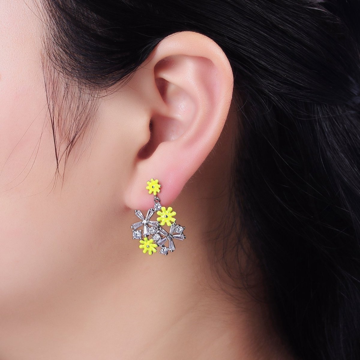 16K Gold Filled Pink, White Enamel Flower Baguette Drop Stud Earrings in Gold & Sliver | AE834 - AE839 - DLUXCA