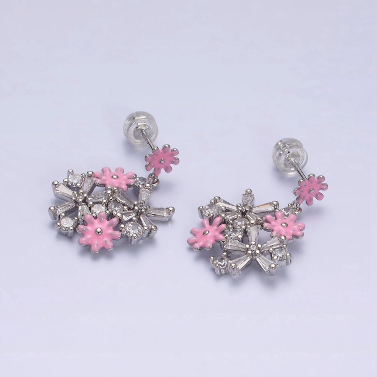 16K Gold Filled Pink, White Enamel Flower Baguette Drop Stud Earrings in Gold & Sliver | AE834 - AE839 - DLUXCA