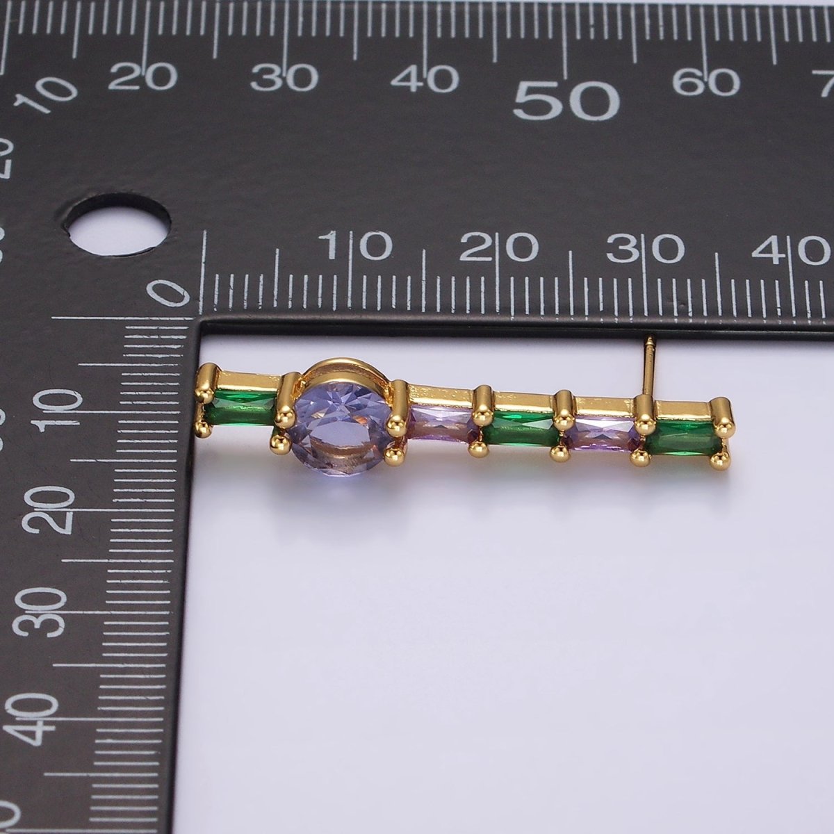 16K Gold Filled Purple Multicolor Baguette Round CZ Linear Drop Stud Earrings in Gold & Silver | AE151 AE152 - DLUXCA
