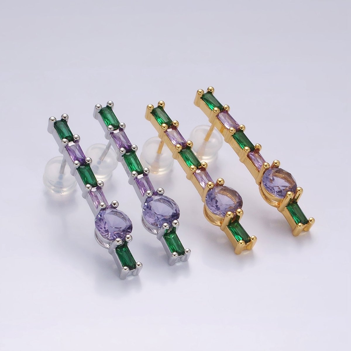 16K Gold Filled Purple Multicolor Baguette Round CZ Linear Drop Stud Earrings in Gold & Silver | AE151 AE152 - DLUXCA