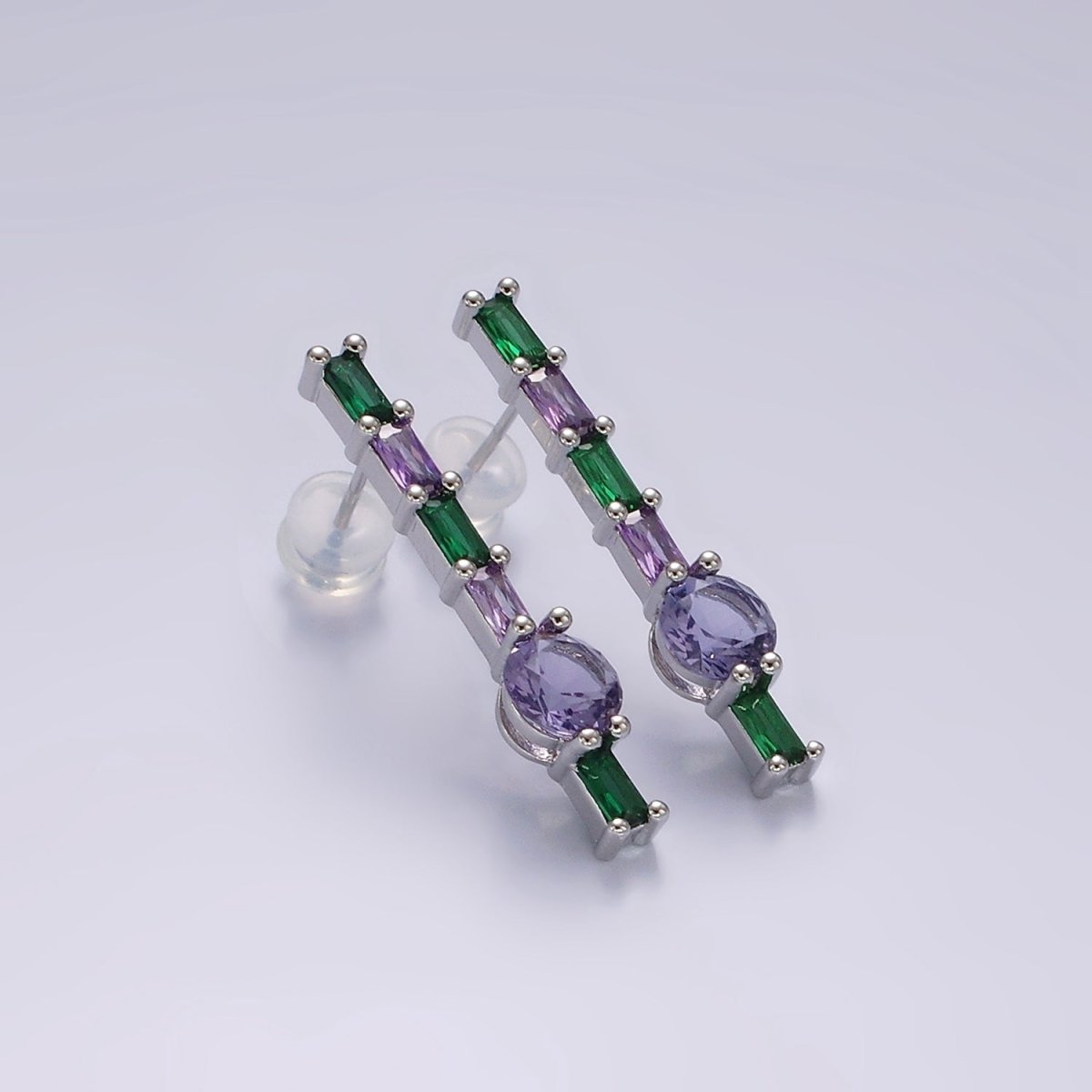 16K Gold Filled Purple Multicolor Baguette Round CZ Linear Drop Stud Earrings in Gold & Silver | AE151 AE152 - DLUXCA
