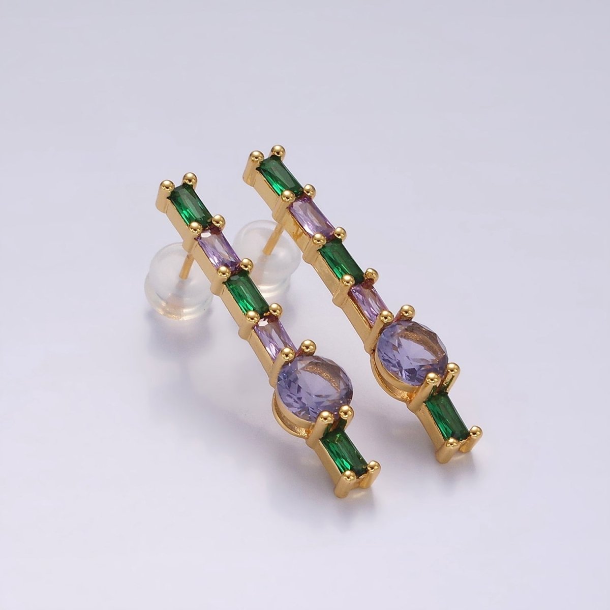 16K Gold Filled Purple Multicolor Baguette Round CZ Linear Drop Stud Earrings in Gold & Silver | AE151 AE152 - DLUXCA