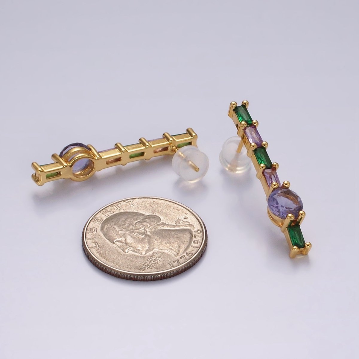 16K Gold Filled Purple Multicolor Baguette Round CZ Linear Drop Stud Earrings in Gold & Silver | AE151 AE152 - DLUXCA