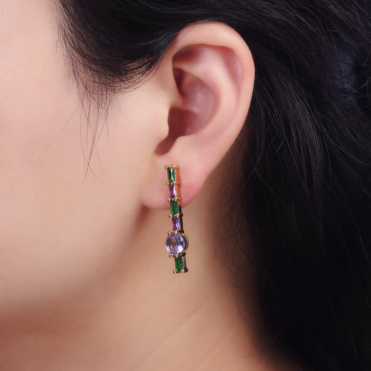 16K Gold Filled Purple Multicolor Baguette Round CZ Linear Drop Stud Earrings in Gold & Silver | AE151 AE152 - DLUXCA