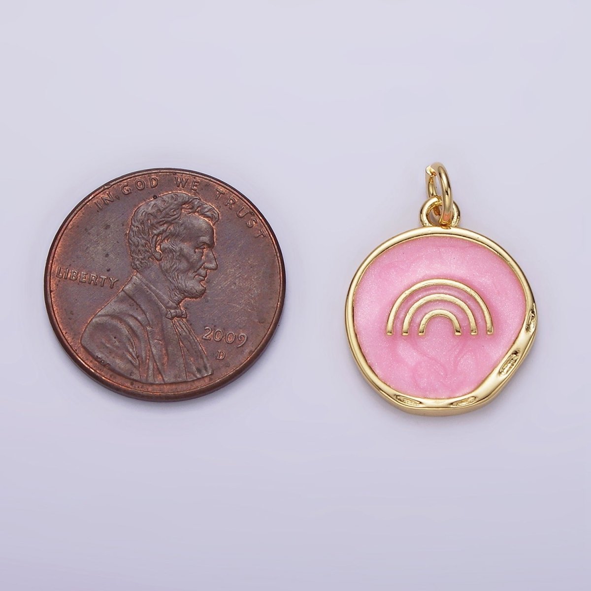 16K Gold Filled Rainbow Doodle Broken White, Pink Sparkly Enamel Stamped Dented Round Charm | AG156 AG157 - DLUXCA