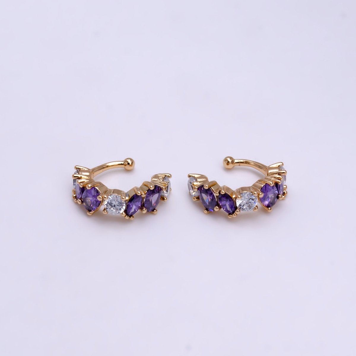 16K Gold Filled Red, Black, Green, Blue, Purple, Pink, Multicolor CZ Lined Ear Cuff Earrings | AI068 - AI074 - DLUXCA