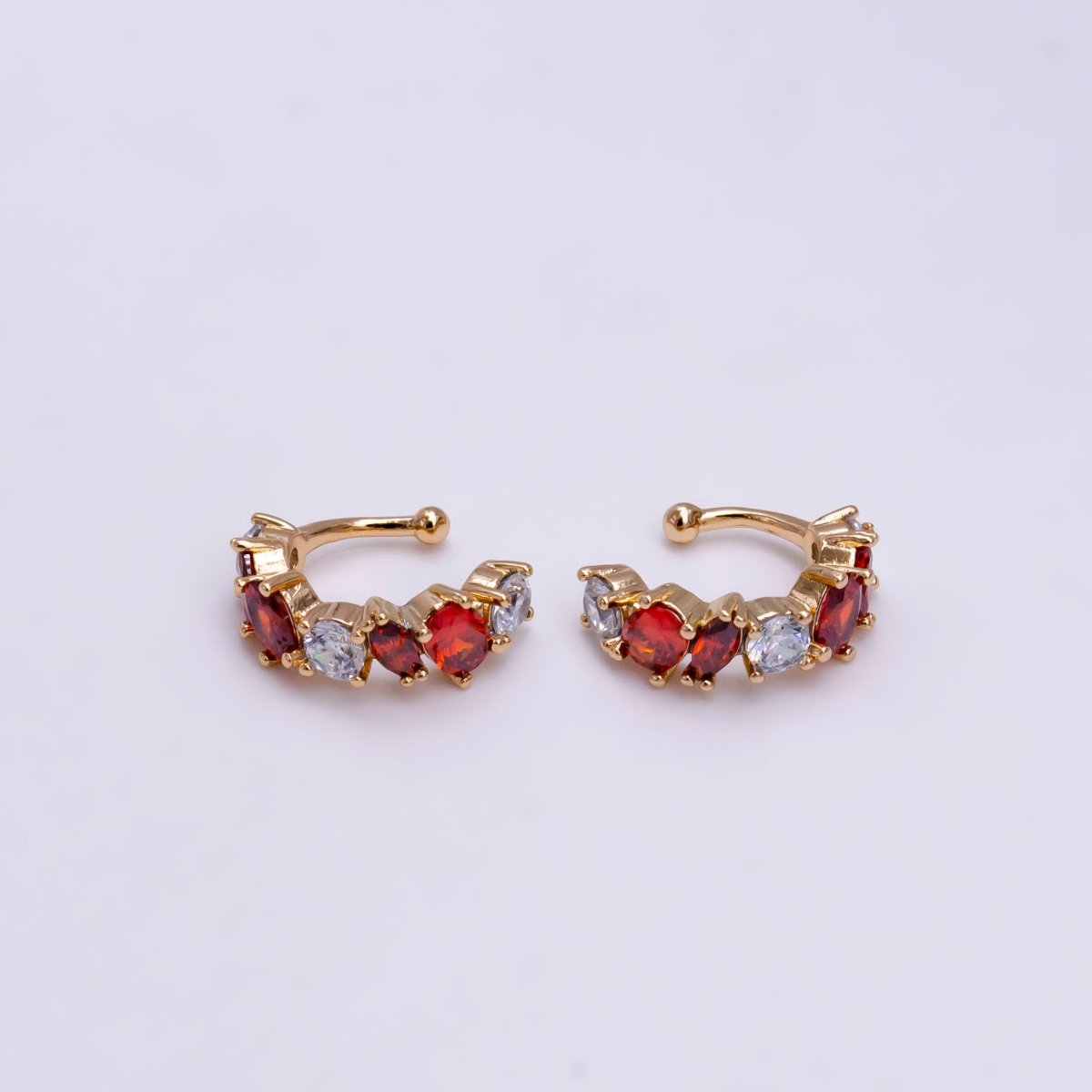 16K Gold Filled Red, Black, Green, Blue, Purple, Pink, Multicolor CZ Lined Ear Cuff Earrings | AI068 - AI074 - DLUXCA