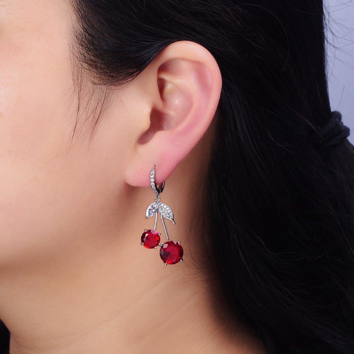 16K Gold Filled Red Cherry Fruit Drop Micro Paved Huggie in Gold & Silver | AD933 AD934 - DLUXCA