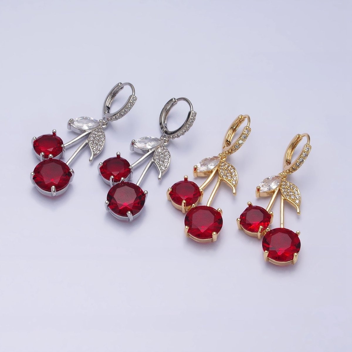 16K Gold Filled Red Cherry Fruit Drop Micro Paved Huggie in Gold & Silver | AD933 AD934 - DLUXCA