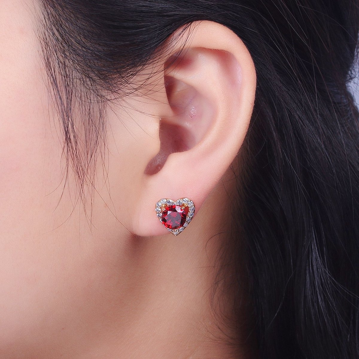 16K Gold Filled Red, Purple Heart CZ Micro Paved Open Stud Earrings | V015 - DLUXCA