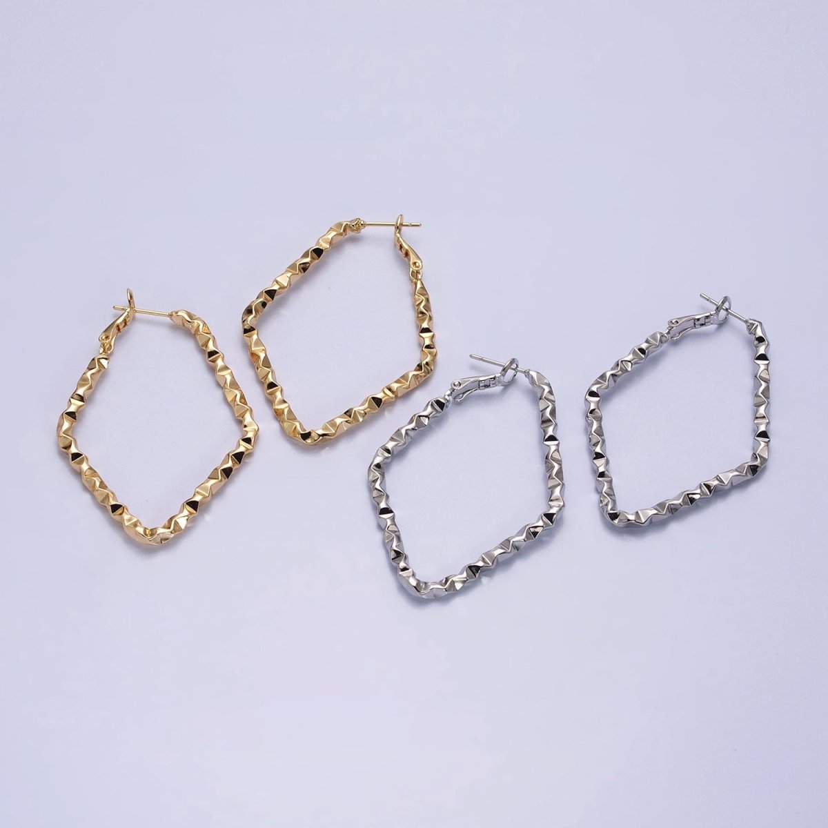 16K Gold Filled Rhombus Dented Geometric Hinge Hoop Earrings in Gold & Silver | AB1488 AB1489 - DLUXCA