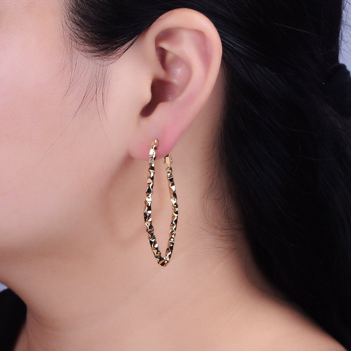 16K Gold Filled Rhombus Dented Geometric Hinge Hoop Earrings in Gold & Silver | AB1488 AB1489 - DLUXCA