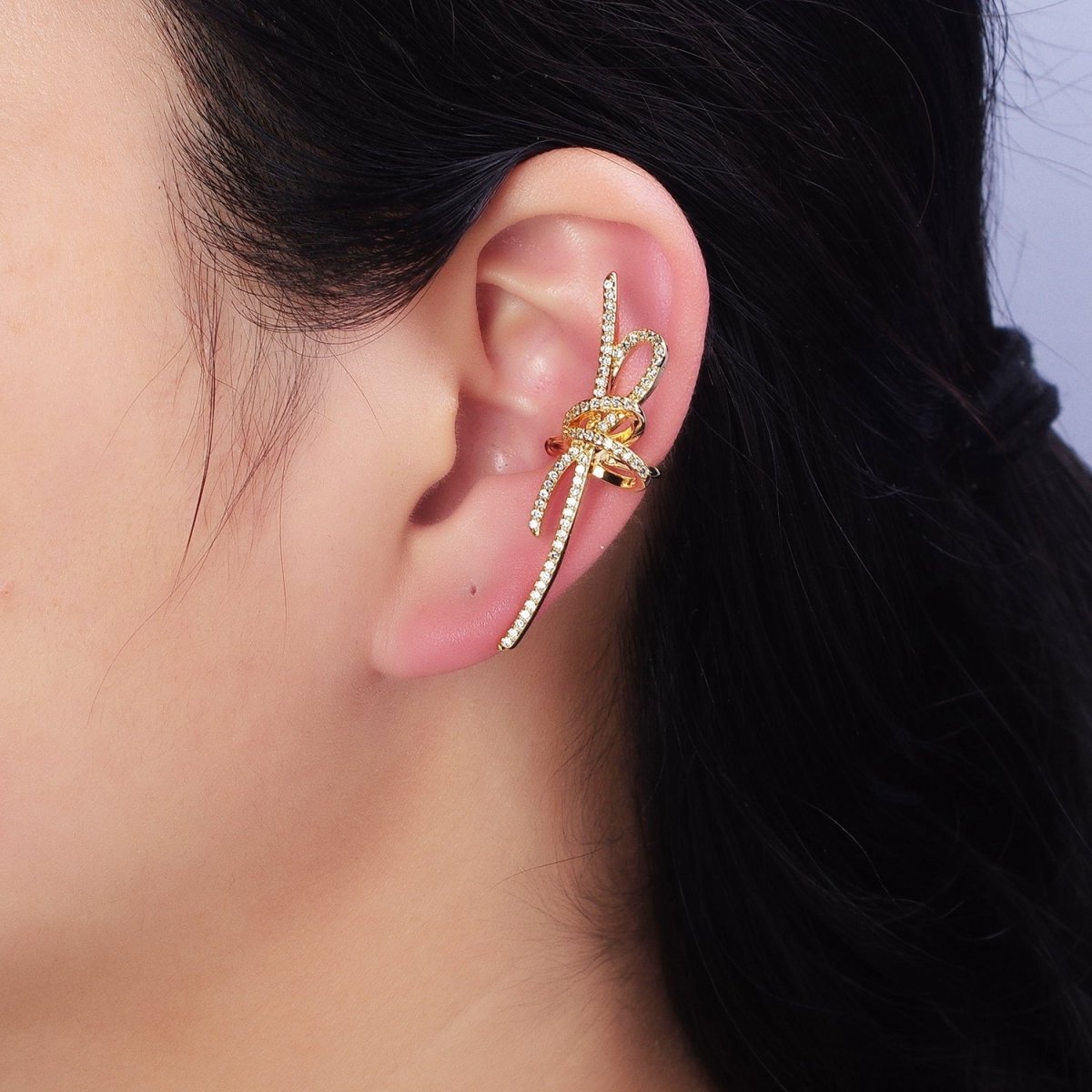 16K Gold Filled Ribbon Linear Micro Paved CZ Statement Ear Cuff Earrings in Gold & Silver | AI-009 AI-010 - DLUXCA