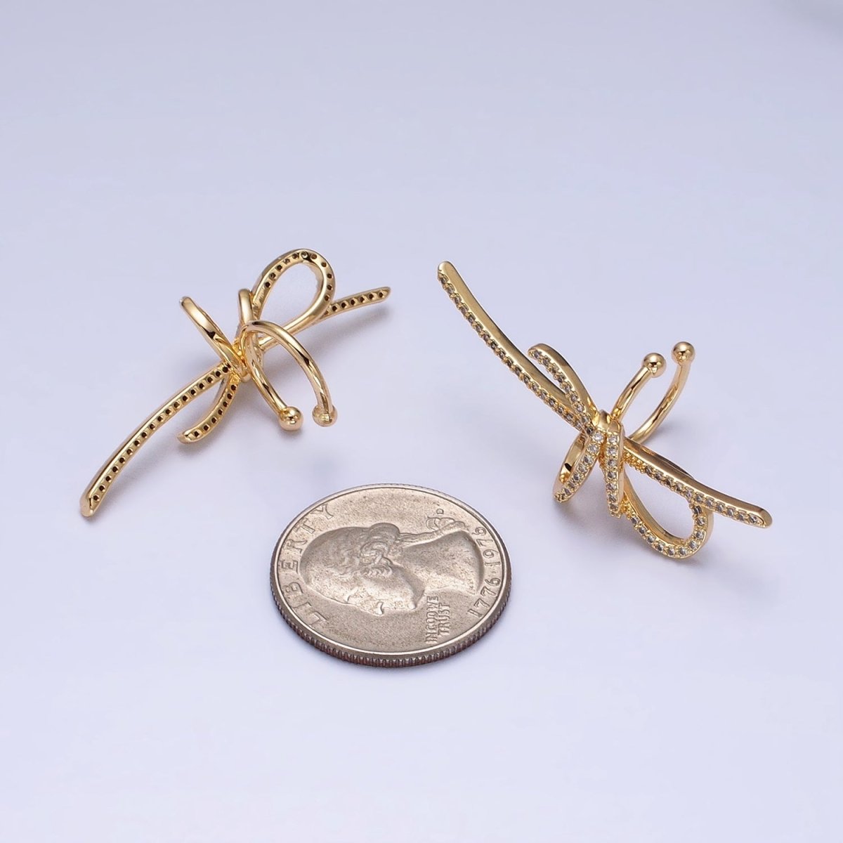 16K Gold Filled Ribbon Linear Micro Paved CZ Statement Ear Cuff Earrings in Gold & Silver | AI-009 AI-010 - DLUXCA