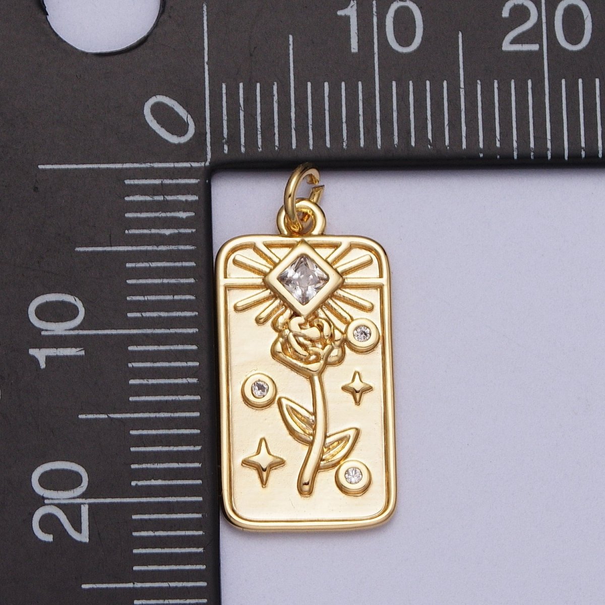 16K Gold Filled Rose Flower Clear CZ Rhombus Tag Charm E-428 - DLUXCA