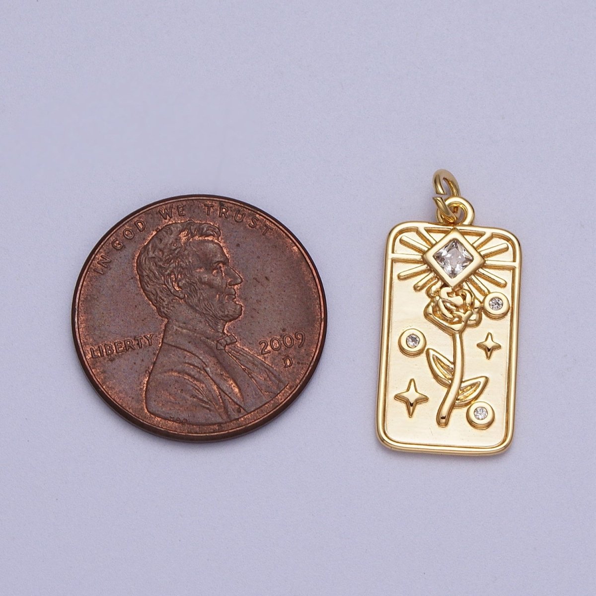 16K Gold Filled Rose Flower Clear CZ Rhombus Tag Charm E-428 - DLUXCA
