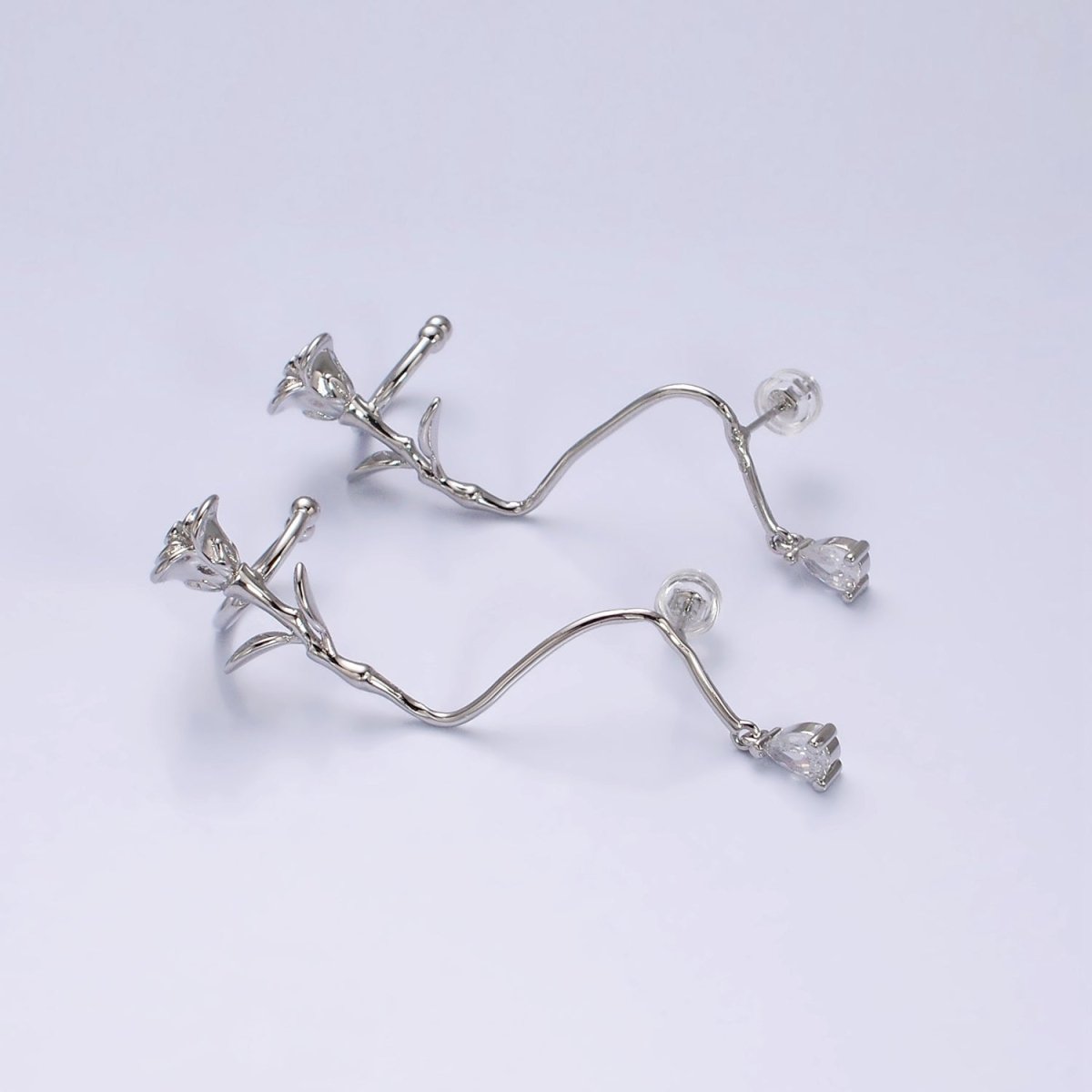 16K Gold Filled Rose Flower Long Vine Teardrop Dangle Ear Cuff Stud Earrings in Gold & Silver | Y-829 Y-830 - DLUXCA